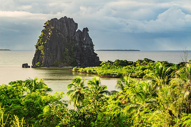 Landscape with Le Poulet Rock Formation Hienghene Bay New Caledonia Photo of a picturesque coastline and the Le Poulet (the hen) rock formation near Hienghene, New Caledonia, Grande Terre Island, New Caledonia. new caledonia photos stock pictures, royalty-free photos & images