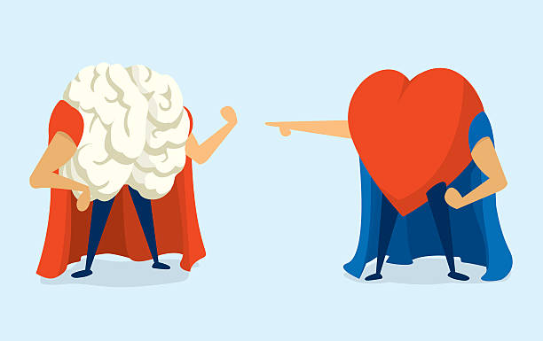 Battle between heart and brain super heros vector art illustration