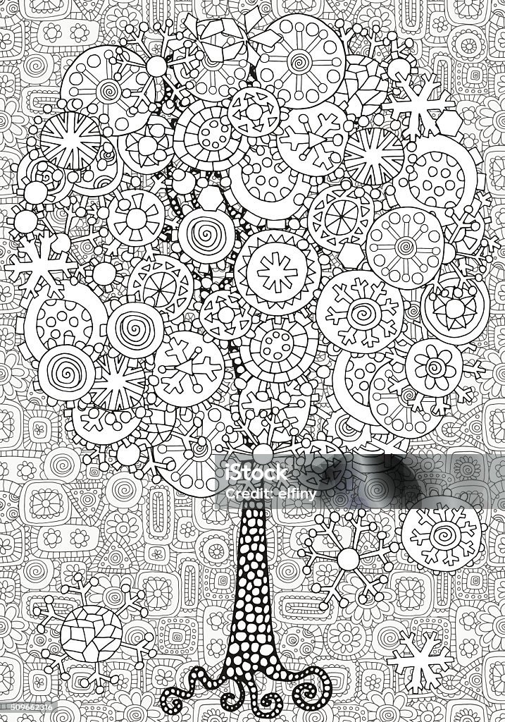 Artistic tree with winter Christmas snowflakes. Artistic tree with winter Christmas snowflakes. Pattern for coloring book. Hand drawn, doodle, tribal.  Made by trace from sketch. Ink pen. Black and white background. Adult stock vector