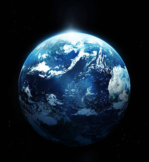 planeta tierra desde el espacio con sol aumento - esfera fotos fotografías e imágenes de stock