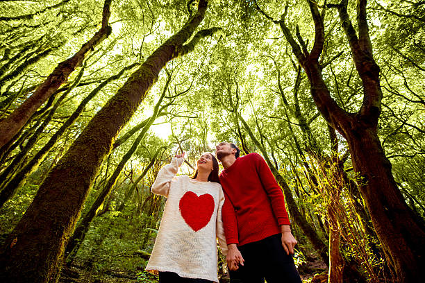 Young and lovely couple dressed in red sweaters walking in the beautiful green forest.