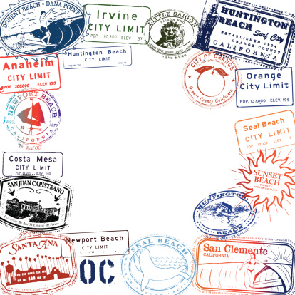 Orange County California Stamp Set with various landmarks