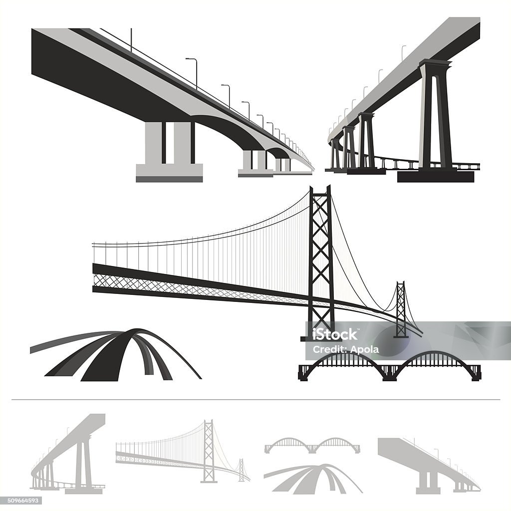 set of bridges, vector silhouette collection isolated on white background Bridge - Built Structure stock vector