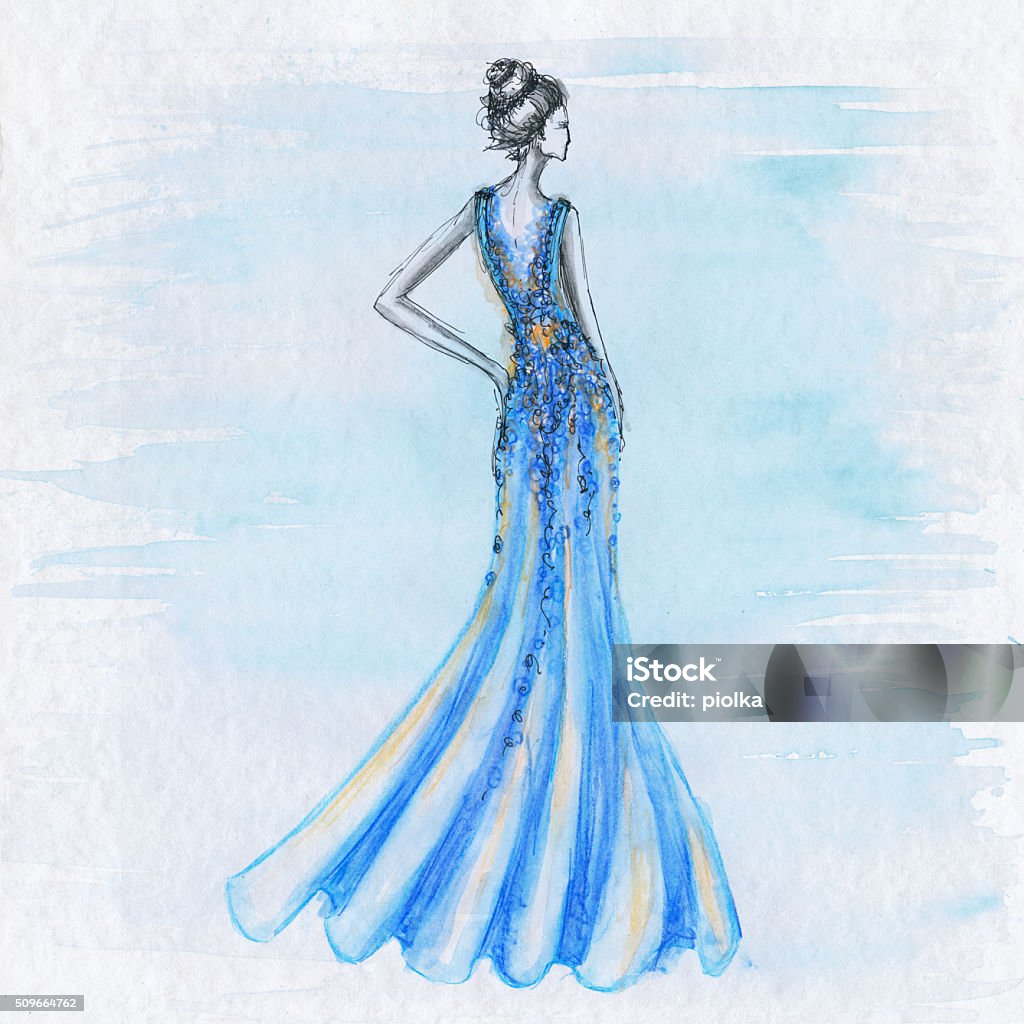 Dibujo De Moda De Una Mujer En Vestido Azul Foto de stock y más banco de  imágenes de Adulto - Adulto, Arte cultura y espectáculos, Croquis - iStock