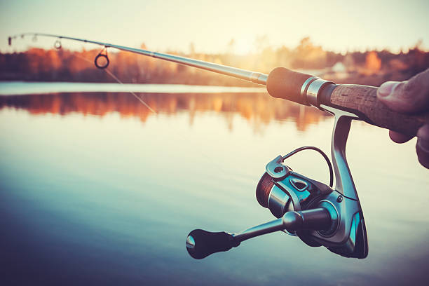 istock hand with spinning and reel on the evening summer lake 509665582