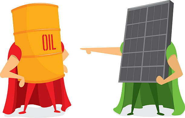Oil barrel and solar energy panel battle vector art illustration