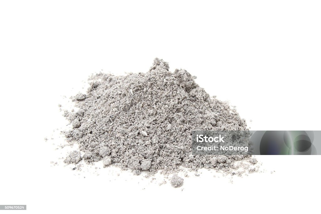 Ashes to ashes and dust to dust. A pile of grey ashes on a white background. Cremation, incineration concept.  Ash Stock Photo