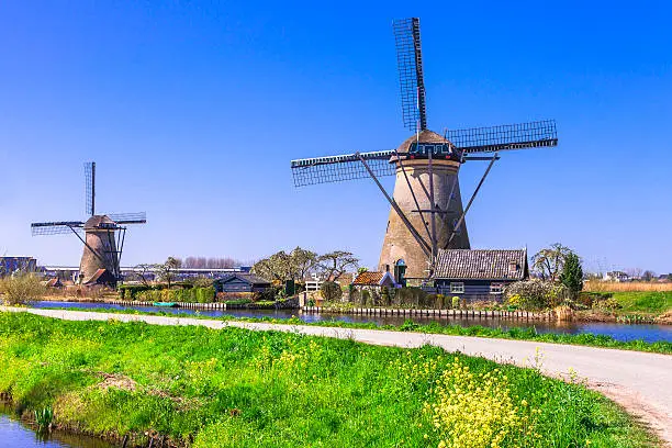 Kinderdijk,View With Windmills,Netherlands.