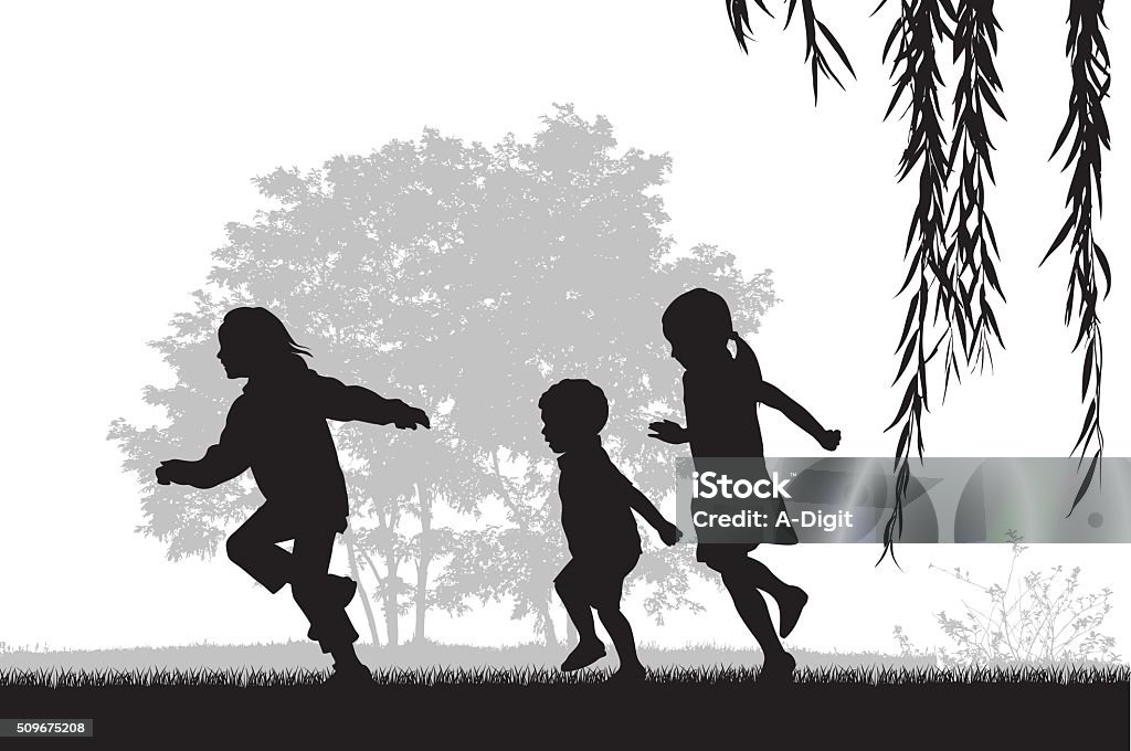 Kids Running Outdoors A vector silhouette illustration of three young children running outside on the grass. Child stock vector