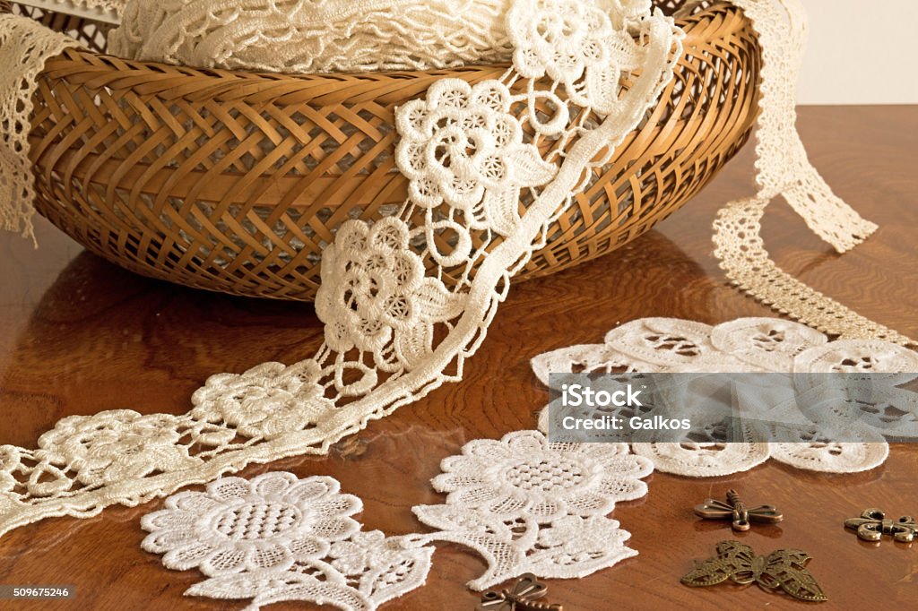 Lace Tape In A Wicker Basket On The Table Stock Photo - Download Image Now  - Embroidery, Haute Couture, Lace - Fastener - iStock
