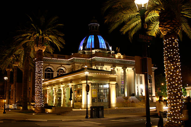 San Mateo County Courthouse in Redwood City, CA  at night Redwood City, CA, USA - January 13, 2009:A well-lit San Mateo County Courthouse following its refurbishing to its former glory. After years of neglect, this structure has become a vibrant center to a revitalized city center. redwood city stock pictures, royalty-free photos & images