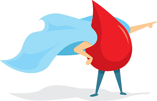 Blood drop super hero standing with cape Cartoon illustration of blood drop standing with cape blood and guts stock illustrations
