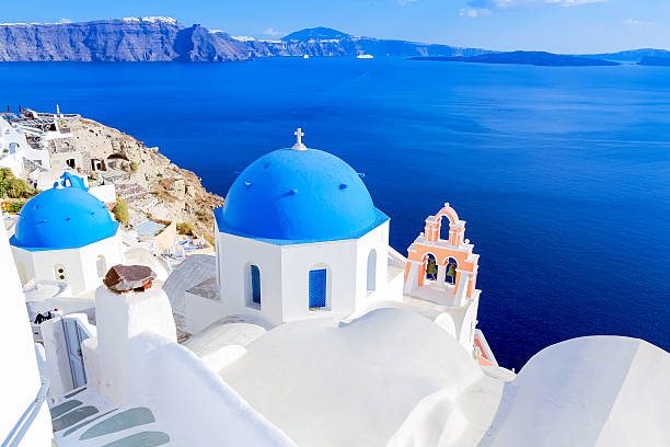 Santorini blue dome churches Santorini blue dome churches santorin stock pictures, royalty-free photos & images