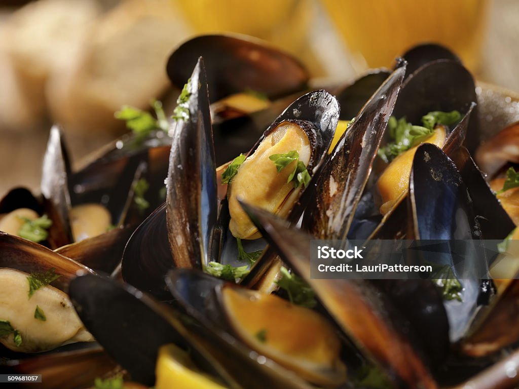 Steamed Mussels Bucket of Steamed Mussels with Fresh Parsley, Lemon and Bread -Photographed on Hasselblad H3D2-39mb Camera Animal Shell Stock Photo