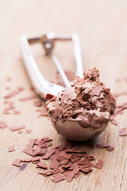 pallina di gelato al cioccolato con scaglie di cioccolato - scoop in front of portion colors foto e immagini stock