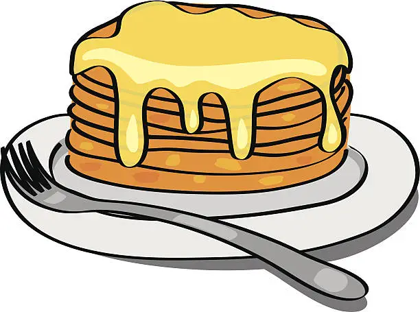 Vector illustration of sweet pancakes with honey on the plate - vector