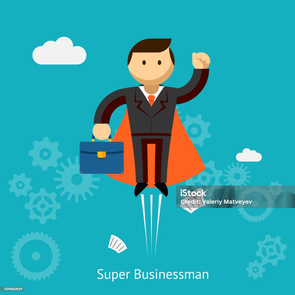 Flying Super Businessman Cartoon Flying Cute Super Businessman Holding Blue Case Cartoon  Isolated on Blue Green Background. Adult stock vector