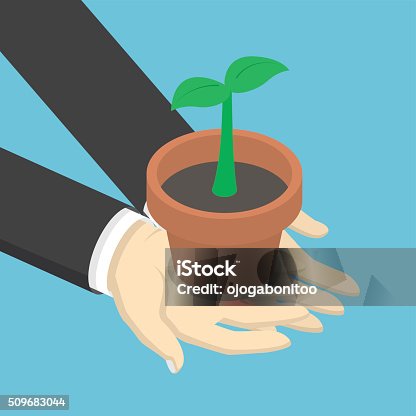 istock Isometric businessman holding sprout or little plant in his hand 509683044