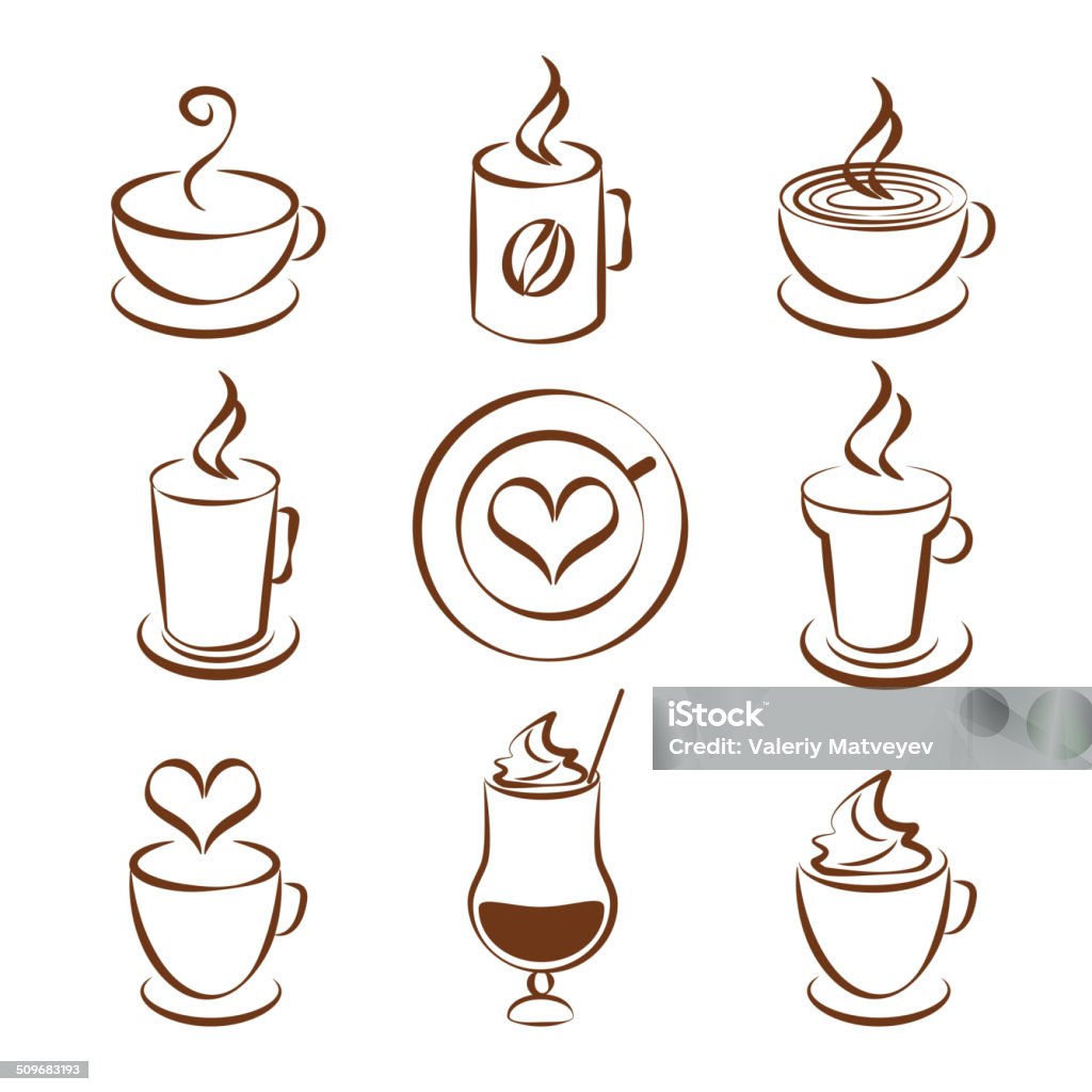 Set of coffee cup vector symbols Set of brown and white doodle sketch coffee cup vector symbols with steaming cups in different shapes  glasses  a mug   cappuccino  iced coffee or milkshake  and heart shaped steam and foam decoration Coffee Cup stock vector