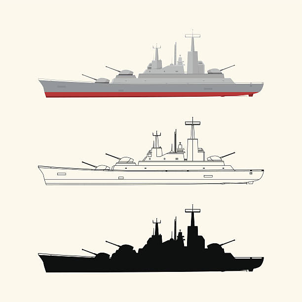 Military ship in three different versions. Vector contains transparent objects.