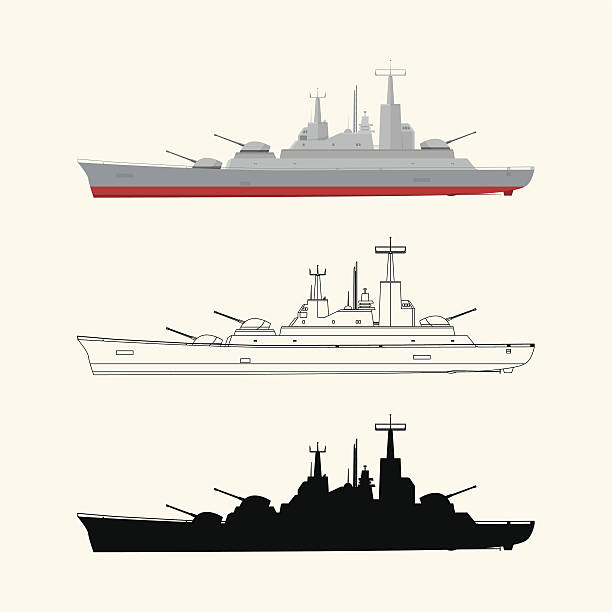 Military ship Military ship in three different versions. Vector contains transparent objects. battleship stock illustrations