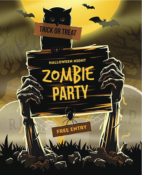 ilustraciones, imágenes clip art, dibujos animados e iconos de stock de halloween zombie ilustración de invitación a fiesta - zombie halloween cemetery human hand