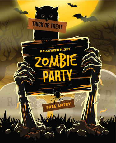 Halloween vector illustration - Dead Man's arms from the ground with invitation to zombie party. - EPS10 vector file.