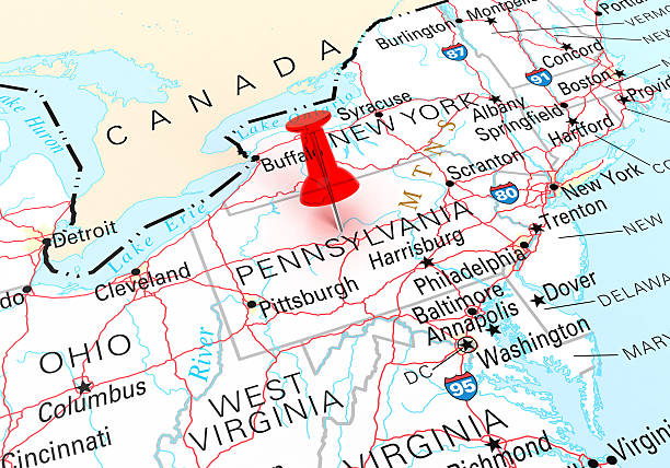 Pennsylvania Map Red Thumbtack Over Pennsylvania State USA Map. 3D rendering pennsylvania stock pictures, royalty-free photos & images
