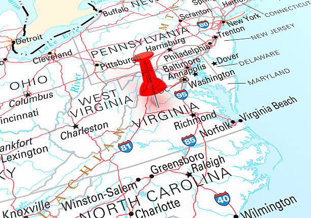 Virginia Map Red Thumbtack Over Virginia State USA Map. 3D rendering north stock pictures, royalty-free photos & images