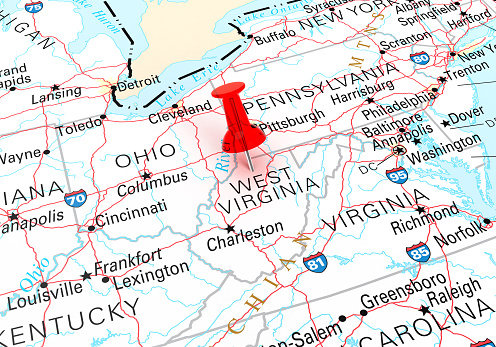 Red Thumbtack Over West Virginia State USA Map. 3D rendering