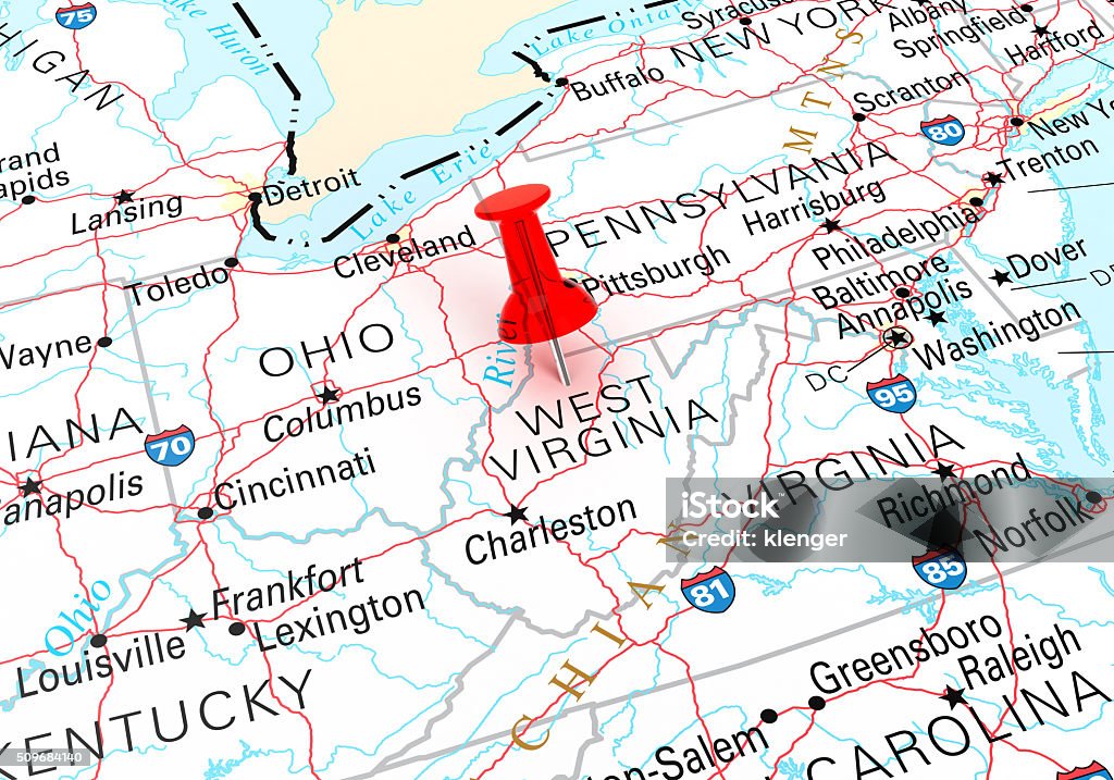 West Virginia Map Red Thumbtack Over West Virginia State USA Map. 3D rendering West Virginia - US State Stock Photo