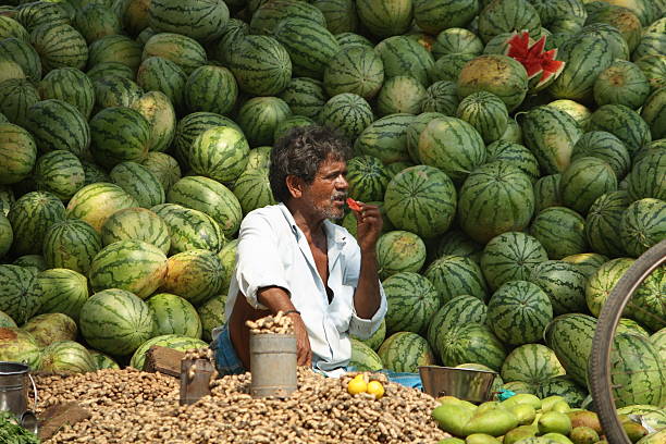 Chennai,India-March 15,2009: A street seller of fruits eats a piece of watermelon during the scorching summer heat March 15, 2009 in Chennai, India. 