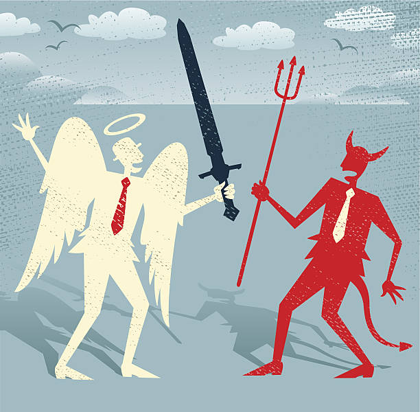 streszczenie biznesmen dobrze walczy przeciwko złego. - expressing positivity devil angel moral dilemma stock illustrations
