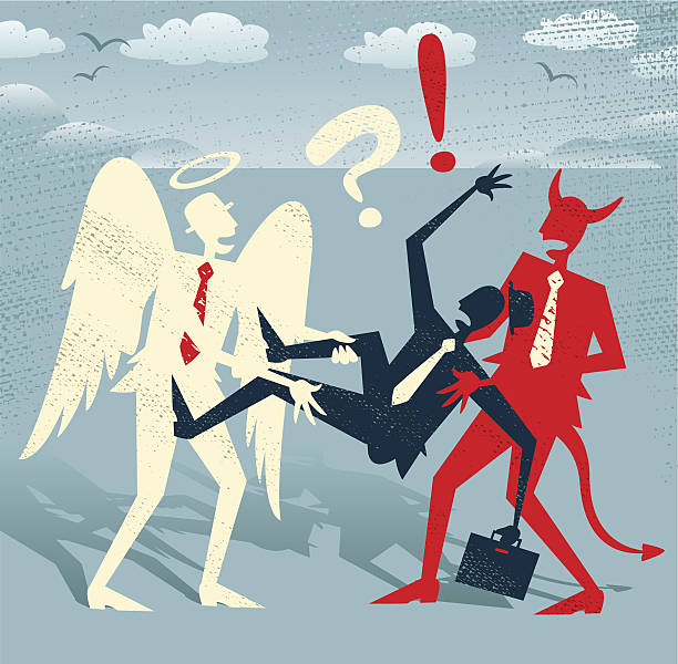 streszczenie biznesmen w dobrym stosunku do złego tug of war. - expressing positivity devil angel moral dilemma stock illustrations