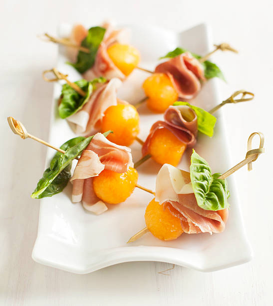 istock Appetizer with melon and prosciutto on skewers 509685063