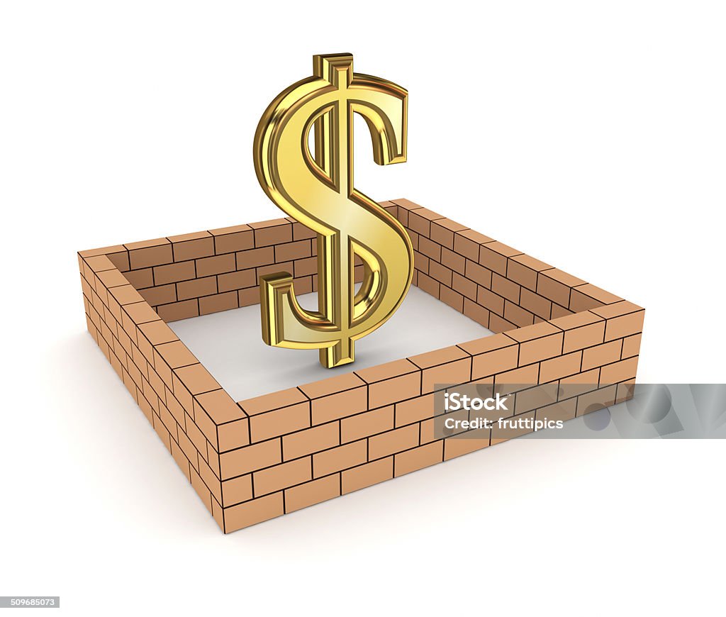 Dollar sign behind brick wall. Dollar sign behind brick wall.Isolated on white background.3d rendered. Accidents and Disasters Stock Photo