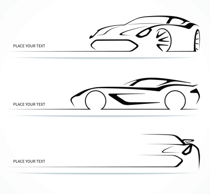 Set of abstract monochrome linear sports car silhouettes. Vector illustration