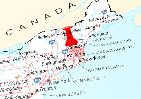 Red Thumbtack Over Massachusetts State USA Map. 3D rendering