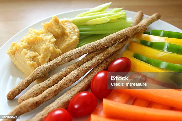 Healthy Lunch Raw Vegetables Wholemeal Breadsticks Hummus Carrots Celery Peppers Stock Photo - Download Image Now