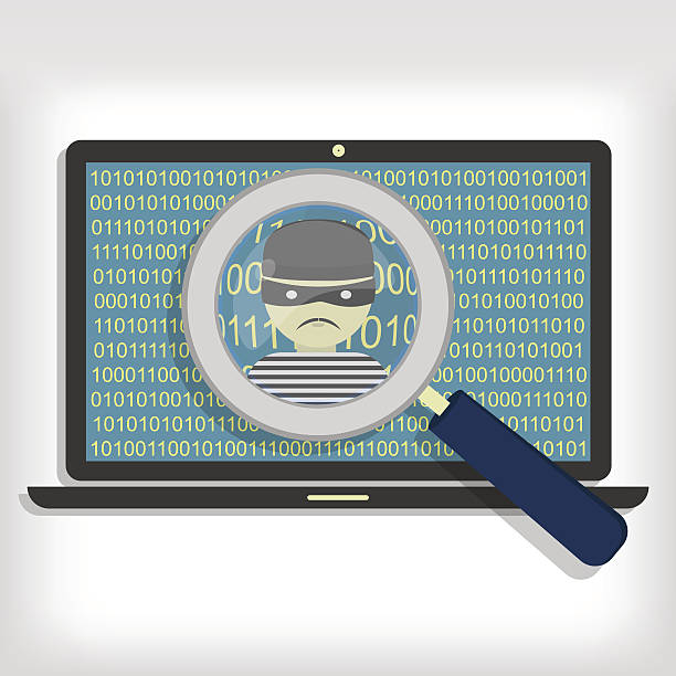 haker wykryty na laptopa - magnifying glass scrutiny challenge exploration stock illustrations