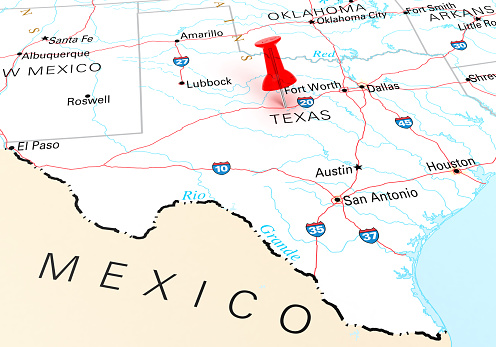 Red Thumbtack Over Texas State USA Map. 3D rendering