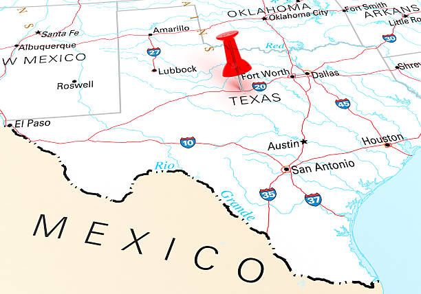 Texas Map Red Thumbtack Over Texas State USA Map. 3D rendering fort worth stock pictures, royalty-free photos & images