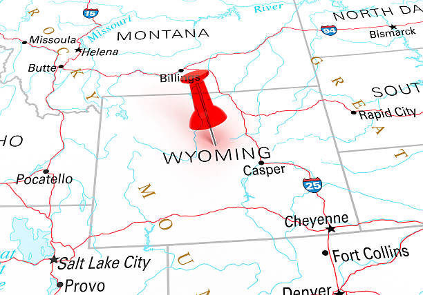 Wyoming Map Red Thumbtack Over Wyoming State USA Map. 3D rendering wyoming stock pictures, royalty-free photos & images