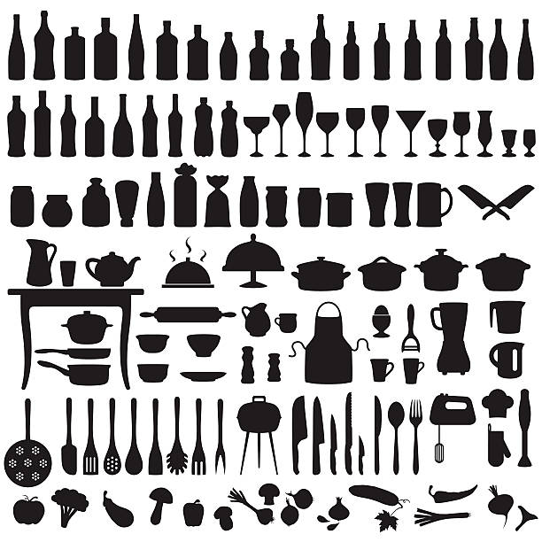 küchengeräten, koch- und symbole - dishware stock-grafiken, -clipart, -cartoons und -symbole