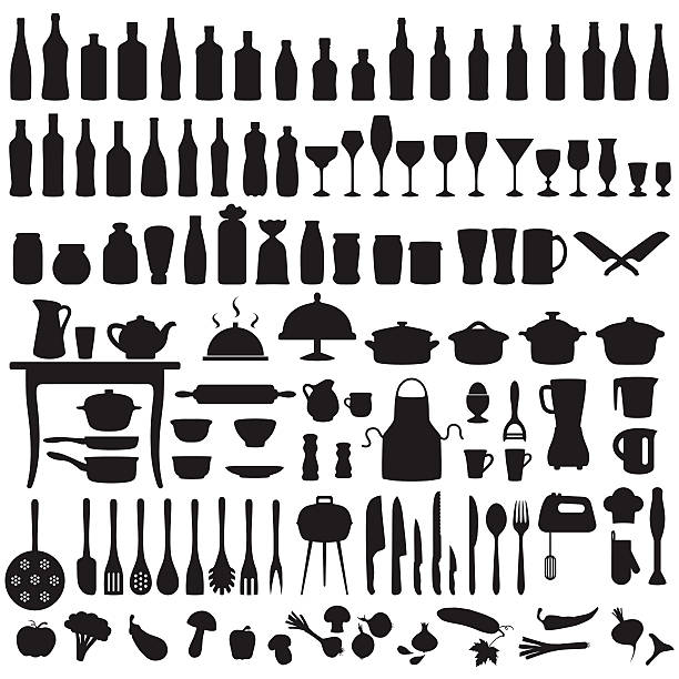 kuchni, gotowanie ikony narzędzi - spoon vegetable fork plate stock illustrations