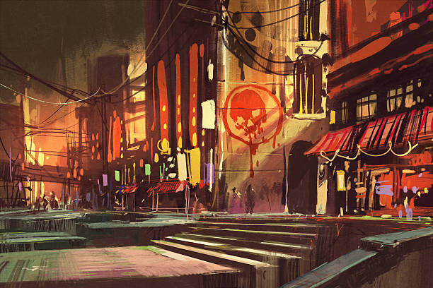 illustrations, cliparts, dessins animés et icônes de sci-fi scène montrant des boutiques de la rue - apocalypse
