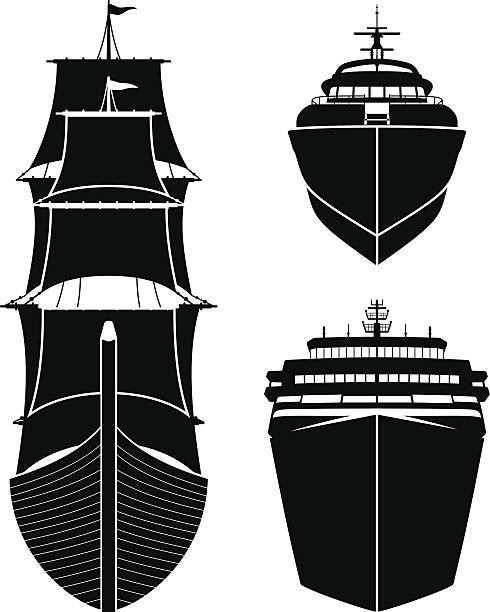 선박 frontviews 실루엣 - sailing ship nautical vessel military ship brigantine stock illustrations