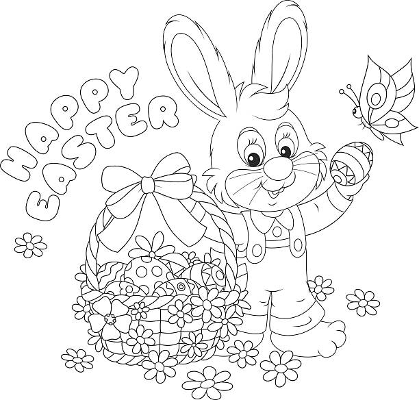 Happy Easter Little bunny with a happy Easter greeting and with a decorated basket of painted eggs hare and leveret stock illustrations