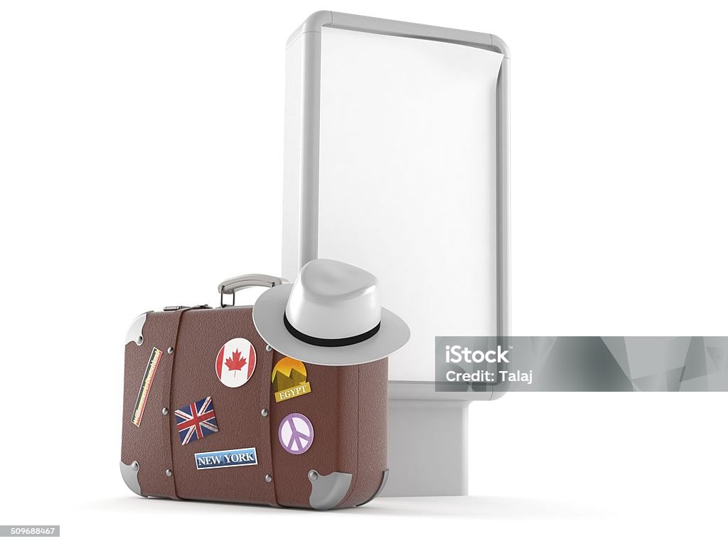 Travel advert Travel case with signboard isolated on white background Advertisement Stock Photo