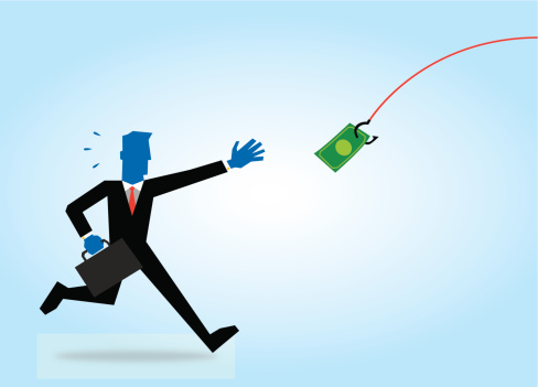 Vector illustration of a business man chasing money hooked on a line